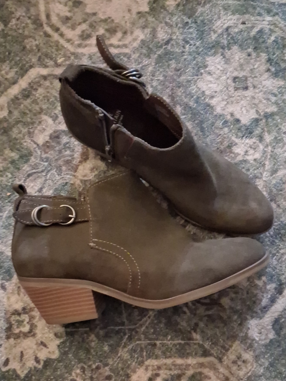 White Mountain Olive Suede Ankle Booties with Block Heel